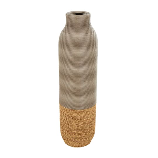 32" Brown Seagrass Handmade Ribbed Vase with Coiled Seagrass Base